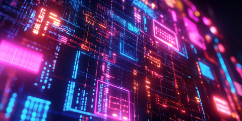 Fototapeta premium A futuristic holographic cybersecurity hub, displaying glowing AI-driven encryption algorithms, cybernetic firewall grids, and pulsating quantum authentication symbols. The high-tech abstract