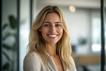 Portrait of a cheerful businesswoman smiling confidently in a modern office environment, radiating professionalism and positivity while embodying success and ambition in her career