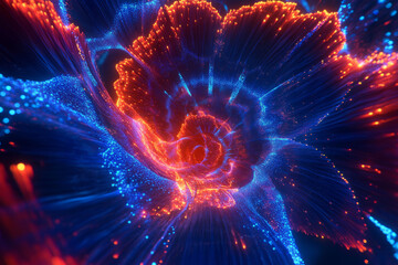 Fototapeta premium Abstract cybernetic wave composed of flowing luminous particles, high-tech futuristic concept, deep blue and vibrant red neon effects, ultra-HD, digital innovation.