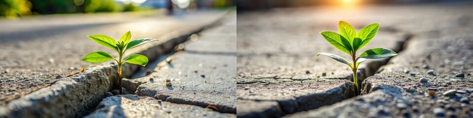Two pictures of a plant growing out of a crack in the pavement. The first picture shows the plant growing out of the crack in the pavement