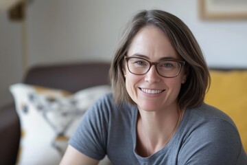 Obraz premium Portrait of a cheerful mature woman with eyeglasses smiling while relaxing on a comfortable sofa in her living room, enjoying a moment of peace and happiness at home