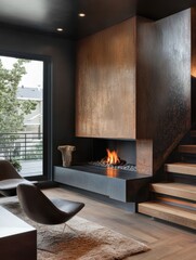 Modern luxurious living room featuring fireplace and contemporary furnishings with brown hues