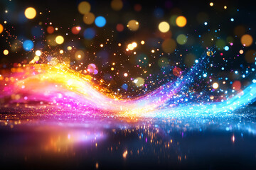 Obraz premium Neon splashes of iridescent glowing colors scattering across a dark canvas with light radiating from the points of impact, creating a dynamic, vibrant effect