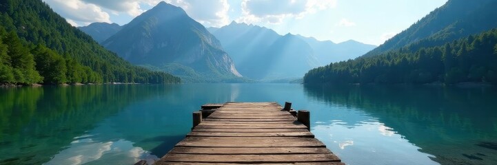 Old wooden pier on tranquil lake; lush forest and majestic peaks, old, trees