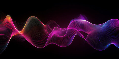 Fototapeta premium A futuristic abstract background with sleek, iridescent light trails curving through an infinite digital horizon. The fluid, glowing neon motion creates an elegant cyber-digital aesthetic filled with