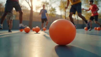 Dodgeball game with orange balls and energetic players. Dynamic team sport scene shows intense competition, athletic skill on outdoor gymnasium. Workout activity for teambuilding, exercise, fun sport.
