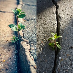 Two images of a crack in the pavement with a plant growing out of it. The first image shows the crack and the plant growing out of it, while the second image shows the crack