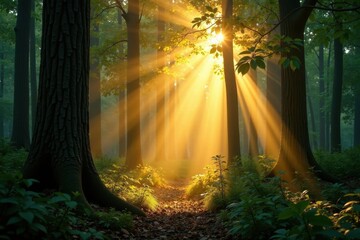 Obraz premium Golden sunlight shafts pierce dense canopy, illuminating forest floor, green, jungle, forest