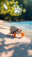A hermit crab, its shell is white and has orange legs walking along the sandy beach
