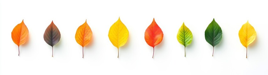 Fototapeta premium Colorful Autumn Leaves in a Row on a White Background