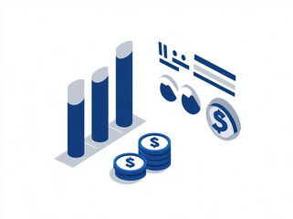 Obraz premium Isometric illustration of blue trading chart with coins, representing financial growth and investment. design includes bar graphs and dollar symbols, conveying sense of prosperity