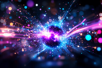 Close-up of a neutron emitting energy waves in a deep purple and blue color scheme, surrounded by high-speed electrons and protons in an abstract atomic field