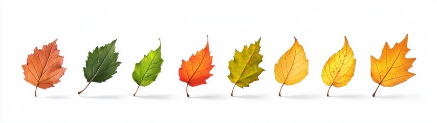 Colorful Autumn Leaves in a Gradient Display on White Background