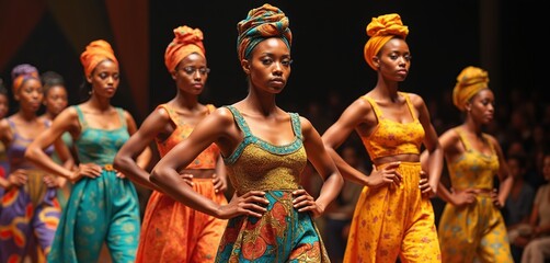 Obraz premium Kwanzaa festival fashion show presents African American culture. Models parade in ethnic dresses, headwraps. Traditional colors, designs symbolize heritage. Celebration oneness, community. Family,
