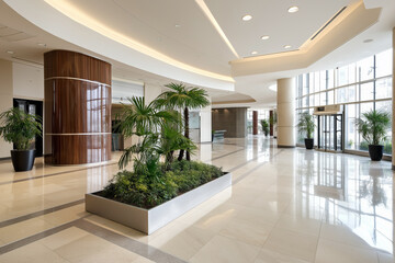 Fototapeta premium Bright and modern commercial interior showcasing lush greenery and elegant design elements, ideal for business environments