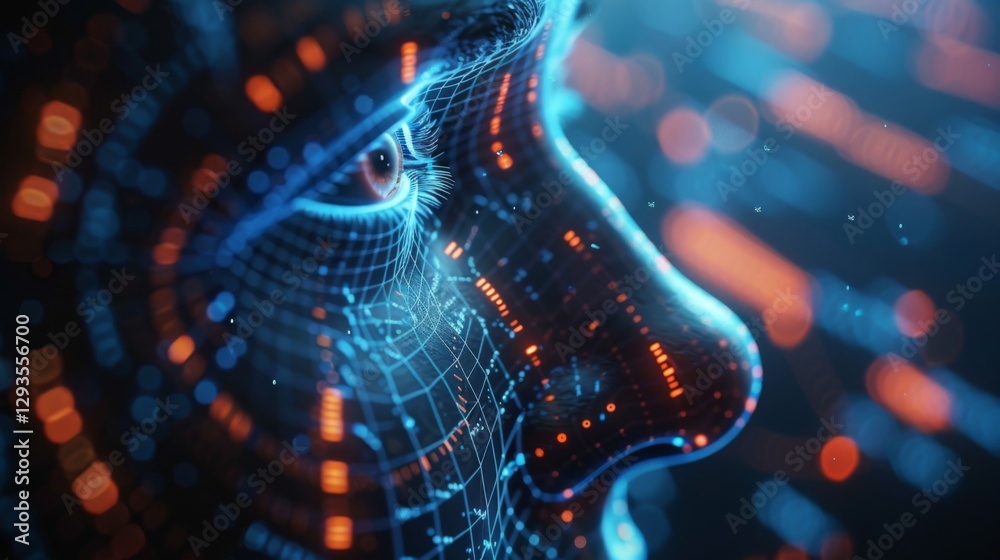 Leinwandbilder A digital depiction of a human face is intricately designed with glowing data patterns and vibrant colors, symbolizing the intersection of technology, art, and human expression.