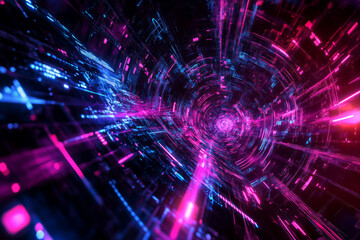 Abstract cybernetic fractal-based digital structure, glowing with neon holographic reflections. The high-tech technology concept includes AI-driven elements, luminous cyber waves, and futuristic light