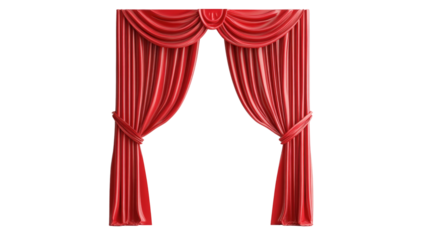 Elegant red curtains adorned with intricate drapery framing a stage setting in a theater environment
