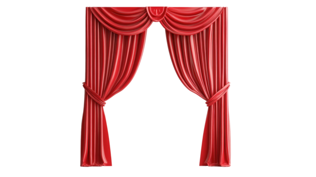 Elegant red curtains adorned with intricate drapery framing a stage setting in a theater environment