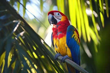 Obraz premium A stunning macaw parrot with vivid feathers sits gracefully on a palm tree branch, surrounded by lush tropical foliage and a bright blue sky.