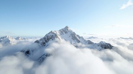 Naklejka premium Majestic snow-covered mountain peak rising above clouds under a clear blue sky, showcasing nature's serene beauty.