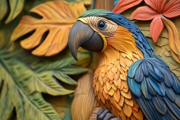Obraz premium A stunning macaw parrot with vivid feathers sits gracefully on a palm tree branch, surrounded by lush tropical foliage and a bright blue sky.