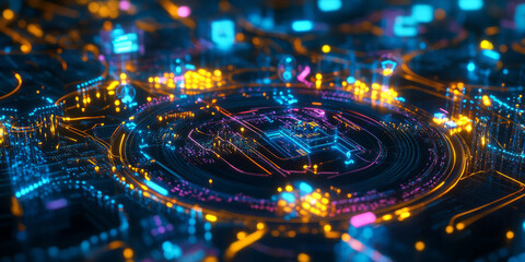 Obraz premium A glowing futuristic AI-powered autonomous disaster relief coordination center, featuring cybernetic real-time emergency response pathways, pulsating holographic crisis prediction grids, and swirling