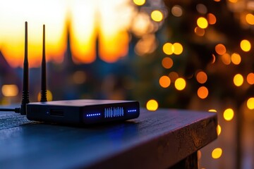 A sleek router with glowing blue lights sits on a wooden surface, illuminated by a warm sunset and festive bokeh lights in the background.