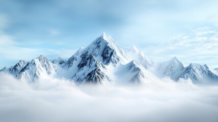 Obraz premium Majestic snow-covered mountains soar above clouds, under a serene blue sky, capturing nature's pristine beauty.