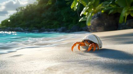 Obraz premium A hermit crab, its shell is white and has orange legs walking along the sandy beach 