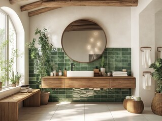 A bathroom with a green tile wall and a mirror. There is a sink and a bench in the bathroom