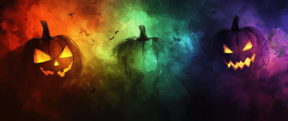 Colorful Halloween pumpkin background with vibrant gradients and bats. spooky atmosphere is enhanced by glowing faces of pumpkins, creating festive and eerie vibe
