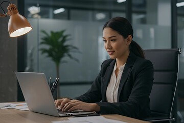 Confident Businesswoman Working on Laptop in a Modern Office, Focused on Productivity, Success, and Professional Growth