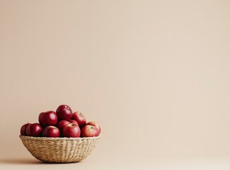 Red apples in a basket on a beige background, a minimalist concept, a stock photo for product design and social media post templates. 