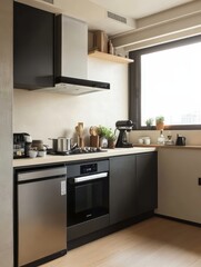 Fototapeta premium This minimalist kitchen features an aesthetic with modern appliances
