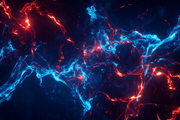 Obraz premium Abstract cybernetic wave composed of flowing luminous particles, high-tech futuristic concept, deep blue and vibrant red neon effects, ultra-HD, digital innovation.