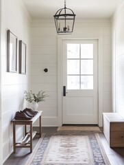 A modern home interior entryway with decorative items