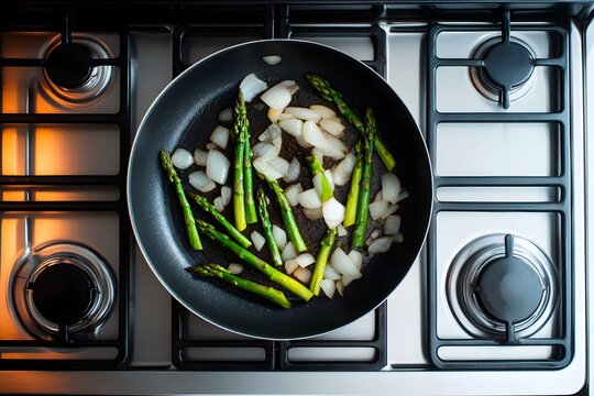 Asparagus and Onions Saut&eacute;ing in Pan on Stovetop