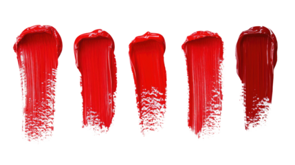 Five vibrant red paint strokes on a clean white background showcasing texture and color variation