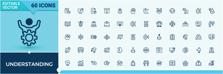 Understanding icon collection. Featuring mobile, college, knowledge, quiz, seminar, art and more. Thin linear style icons. Outline and solid pictogram.
