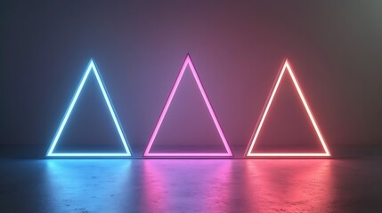 Three Neon Triangle Frames Illuminate Dark Room