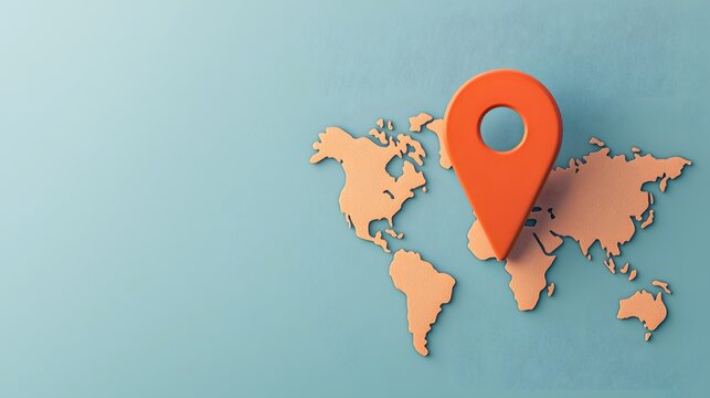 Close up view of a blue themed world map with a glowing orange pin marker highlighting a specific location emphasizing the concept of global navigation travel