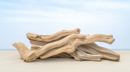 Natural driftwood piece on a light surface with a clear sky background, ideal for nature and art concepts.