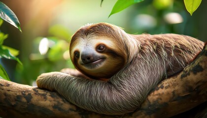 Fototapeta premium Adorable Sloth Smiling on Tree Branch in Lush Vibrant Natural Environment Cute Plaid and Joyful Mood in a Beautiful Tropical Scene