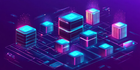 Fototapeta premium A futuristic AI-driven decentralized cloud storage system, displaying glowing cybernetic encrypted data transfer pathways, pulsating holographic multi-node security grids, and swirling