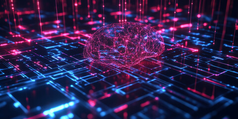 Fototapeta premium A futuristic AI-powered neural simulation platform, featuring glowing cybernetic brain mapping pathways, pulsating holographic cognitive pattern analysis grids, and swirling quantum-enhanced deep