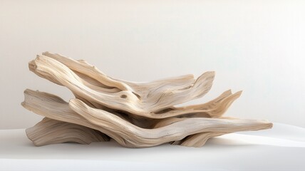 Natural driftwood sculpture with smooth curves showcased against a simple background.