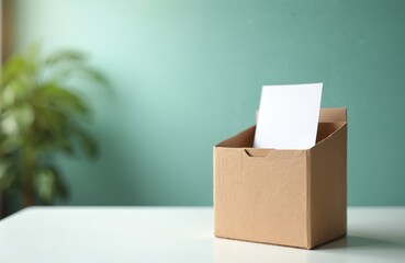 Close-up of anonymous feedback box. Office report paper in craft container. Symbol of anonymous reporting. Disclosure, silent secret message, incognito protection concept. Discovery, witness in