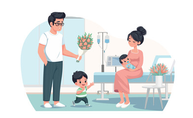 welcoming a baby newborn concept husband is giving  flowers to his wife in maternity hospital cartoon vector style flat design 