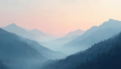 Misty blue mountain range landscape with fog, forest in valley. Calm natural gradient background of hills, mountains with soft sunset sky for meditation, relaxation. Nature backdrop, wallpaper.